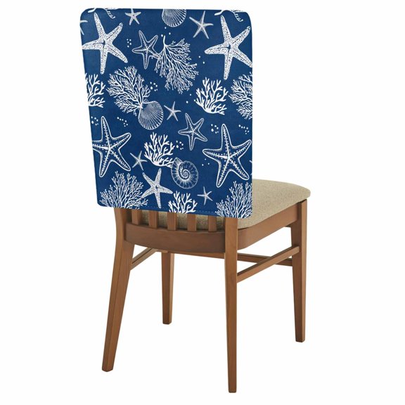 1 Pack Marine Life Chair Back Covers Starfish Coral Shell Gradient Navy Blue Ocean Stretchable Removable Chair Slipcovers Washable Seat Covers for Dining Room Kitchen Restaurant 19 x 18 Inch