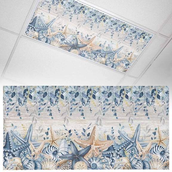 1 Pack Marine Life Fluorescent Light Covers for Ceiling Lights Watercolor Blue Beige Starfish Shell Leaves Wood Magnetic Ceiling Light Covers Overhead Light Filters for Office Classroom Home