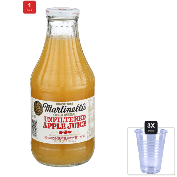 1 Pack | Martinellis, Juice Apple Unfiltered, 33.8 Fl Oz & 3x Disposable Cup