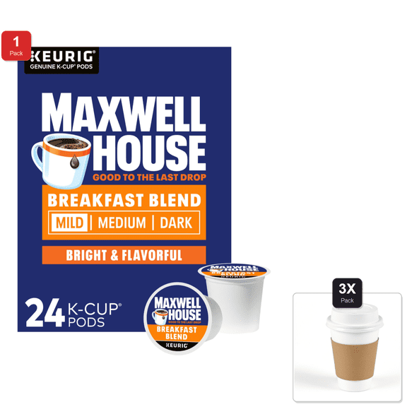 1 Pack | Maxwell House Breakfast Blend Light Roast K-Cup Coffee Pods, 24 Ct. Box & 3x 12oz Disposable Coffee Cup with Lid & Sleeve