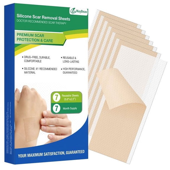1 Pack MayBeau Silicone Scar Removal Sheets 5.9''x2.3'' (7 Sheets) Professional Silicone Sheets for Scars Caused by C-Section Surgery Burn Acne Keloid Stretch Marks Works on Old & New Scars