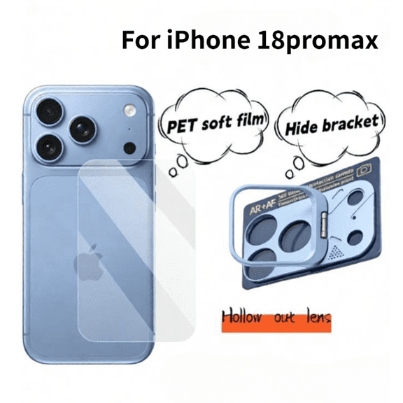 1 Pack Metal Armor Concealed Phone Stand (Blue) and PET Back Film Set for iPhone 18promax Phone Lens Film Matte Armor