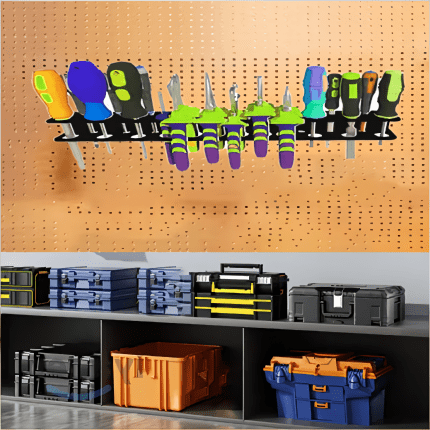 1-Pack Metal Wall Tool Organizer Panel, Pegboard Style Rack with Shelf and 12 Tool Slots, Wall Mounted Garage Workshop Storage