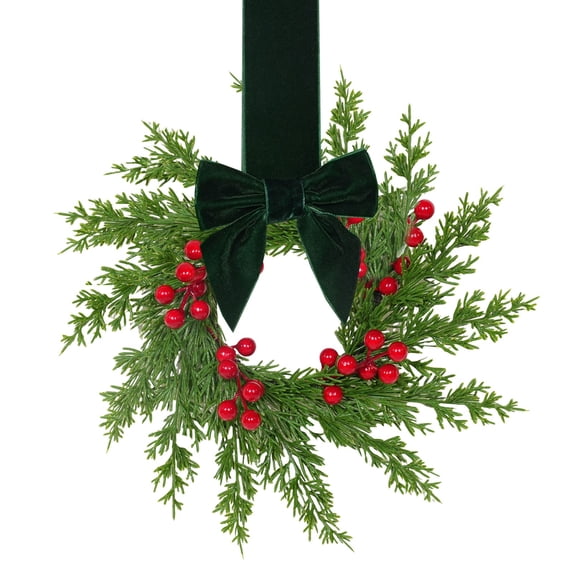 1 Pack Mini Christmas Wreath, Farmhouse Festive Decor Adorned with Berries & Fabric Ribbon, Durable Rattan Plastic Wreath for Kitchen, Window & Front Door Holiday Ornament, 10.6in,Green Bow