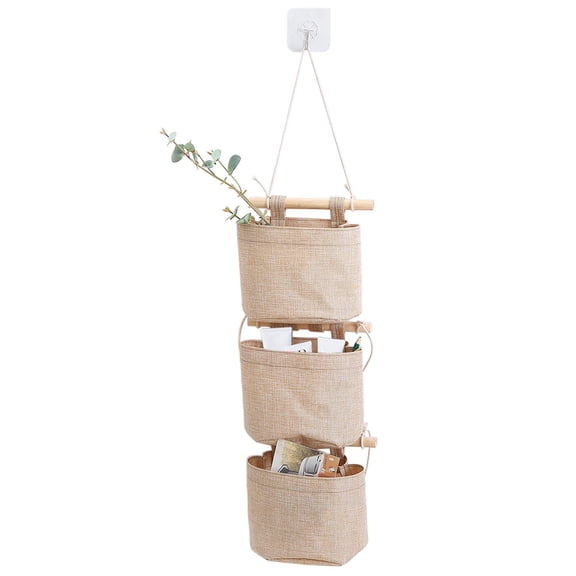 1 Pack Mini Cotton Linen Fabric Closet Detachable Foldable Washable Hanging Storage Bag with 3 Pockets Over The Wall Door Organizer for Room Bathroom (Khaki)