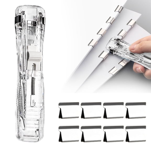 1-Pack Mini Push Stapler with 8 Reusable Clips, Handheld Paper Clam Clip Dispenser, No-Hole Binding Tool for Documents, Office, and Home Use (Transparent White)