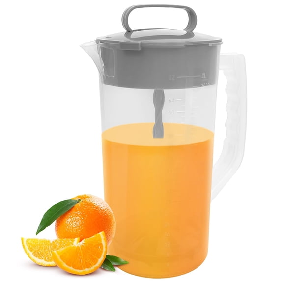 1 Pack Mixing Pitcher for Drinks, 2 Quart/ 64oz Plastic Water Pitcher with LidEasy-Mix Juice ContainerAngled Plastic Blades and Adjustable Mixer Plunger for Mix Juice, Milk,Tea, Beverage Container