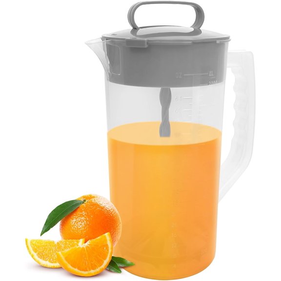 1 Pack Mixing Pitcher for Drinks, 2 Quart/ 64oz Plastic Water Pitcher with LidEasy-Mix Juice ContainerAngled Plastic Blades and Adjustable Mixer Plunger for Mix Juice, Milk,Tea, Beverage Container