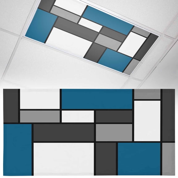 1 Pack Modern Color Blocks Fluorescent Light Covers for Ceiling Lights Blue Gray White Rectangle Geometric Magnetic Ceiling Light Covers Overhead Light Filters for Office Classroom Home