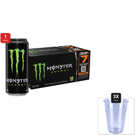 1 Pack | Monster Energy Drink, Green, Original, 16 Ounce (Pack Of 15) & 3x 9oz Disposable Plastic Cups