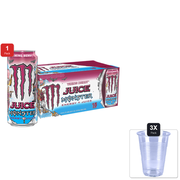 1 Pack | Monster Energy Juice Viking Berry, Energy + Juice, Energy Drink, 16 Ounce (Pack Of 15) & 3x 9oz Disposable Plastic Cups