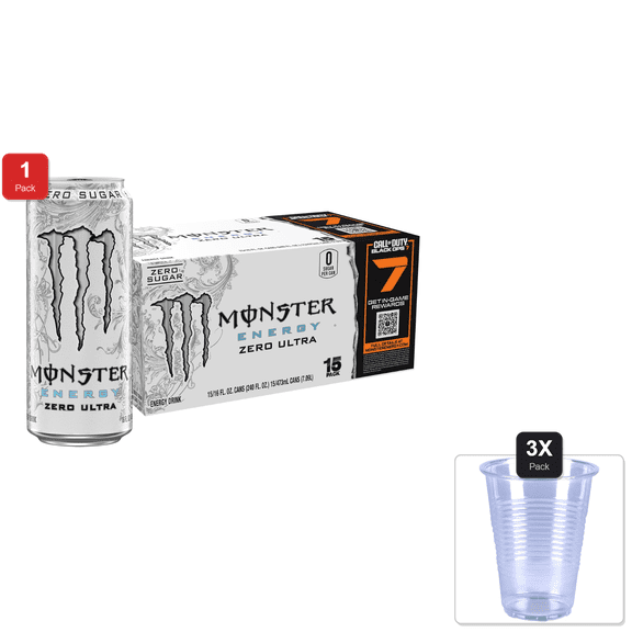 1 Pack | Monster Energy Zero Ultra, Sugar Free Energy Drink, 16 Ounce (Pack Of 15) & 3x 9oz Disposable Plastic Cups