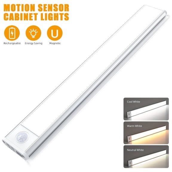 1 Pack Motion Sensor Under Cabinet Lights Indoor 20 Inch Rechargeable Under Cabinet Lighting Lights for Kitchen, Battery Powered 100 LED Stair Wall Closet Light Wireless Indoor - Silver