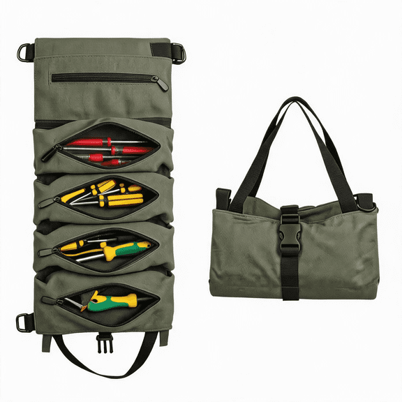 1-Pack Motorcycle Camping Gear Roll Up Tool Bag Wrench Roll Organizer, 18.5"x11"(Green)