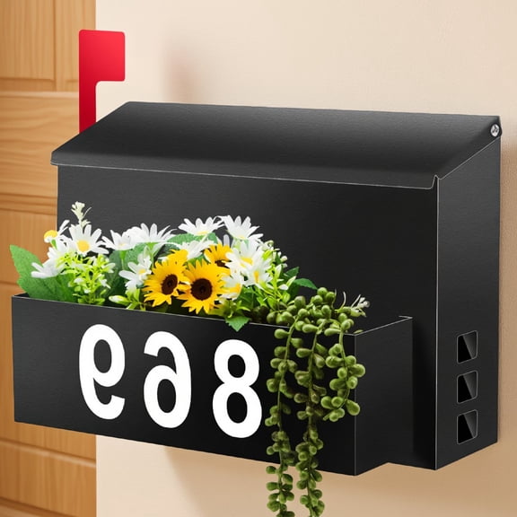 1-Pack Mount Mailbox with Planter & Flag, Large Capacity Galvanized Steel Outdoor Box with Number Stickers, Black