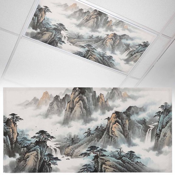1 Pack Mountain Cloud Fluorescent Light Covers for Ceiling Lights Tree Water Ink Painting Chinese Wind Magnetic Ceiling Light Covers Overhead Light Filters for Office Classroom Home