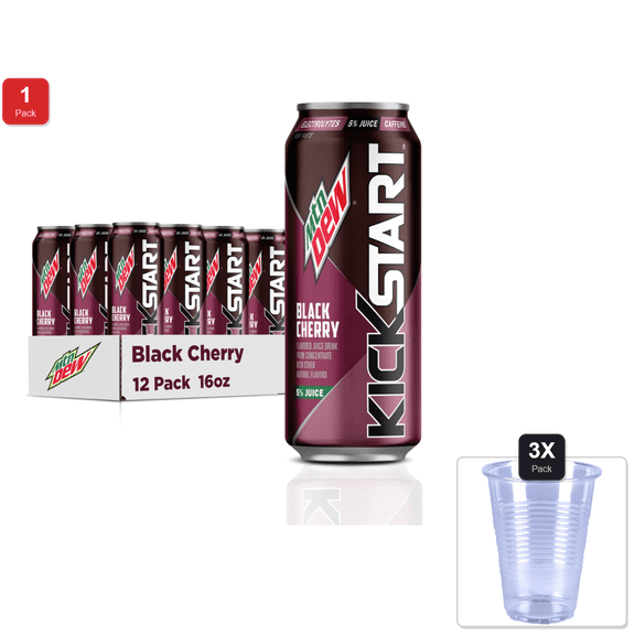 1 Pack | Mountain Dew Kickstart, Black Cherry, 92Mg Caffeine, Vitamins B & C, 80 Calories, 5% Juice, 16 Fl Oz (12 Count) & 3x 9oz Disposable Plastic Cups