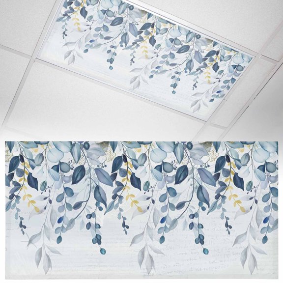 1 Pack Navy Blue Eucalyptus Leaves Fluorescent Light Covers for Ceiling Lights Farm Plant Country Paper Texture Magnetic Ceiling Light Covers Overhead Light Filters for Office Classroom Home