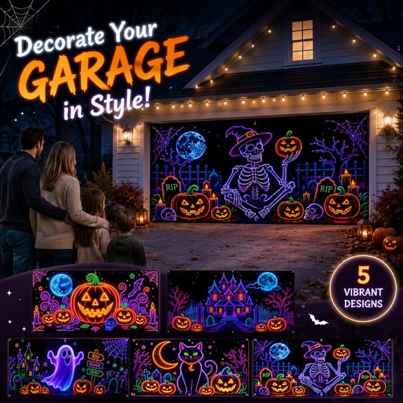 1 Pack, Neon Halloween Decorations 157 Inch Large Outdoor Halloween Decorations Spooky Halloween Banner Halloween Skeleton Decor with Pumpkin Graveyard Scene for Home Patio