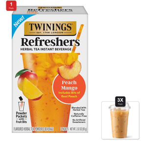 1 Pack | New Twinings Peach Mango Refreshers, Herbal Tea Instant Beverage With Real Peach Fruit Bits, 5 Count & 3x 16oz Plastic Cup with Strawless Sip-Lid