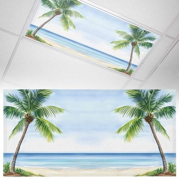 1 Pack Ocean Beach Palm Tree Fluorescent Light Covers for Ceiling Lights Summer Tropical Island Decor Seaside Magnetic Ceiling Light Covers Overhead Light Filters for Office Classroom Home