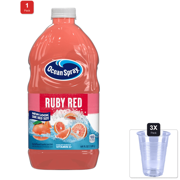1 Pack | Ocean Spray Ruby Red Grapefruit Juice Drink, 64 Fl Oz Bottle & 3x Disposable Cup