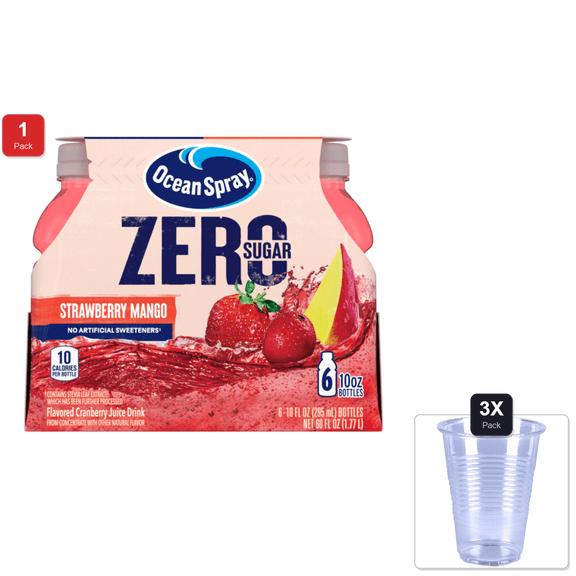 1 Pack | Ocean Spray Zero Sugar Strawberry Mango Juice Drink, Strawberry Mango Juice Drink Sweetened With Stevia, 10 Fl Oz Bottle, 6 Count (Pack Of 4) & 3x Disposable Cup