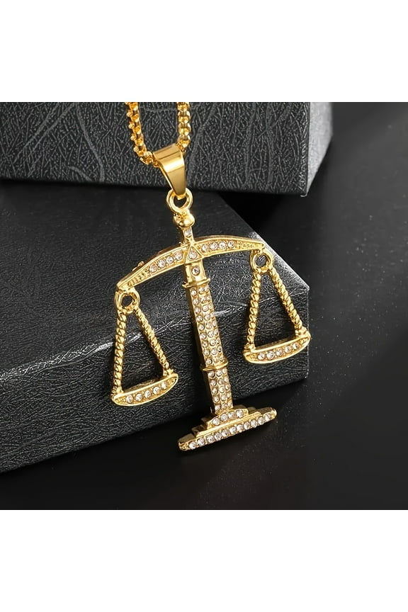 1 Pack Of Exquisite Justice Balance Zirconia Pendant Necklace Suitable For Men And Women Fashion Hip Hop Shiny Cool Lucky Jewelry Gifts,Golden