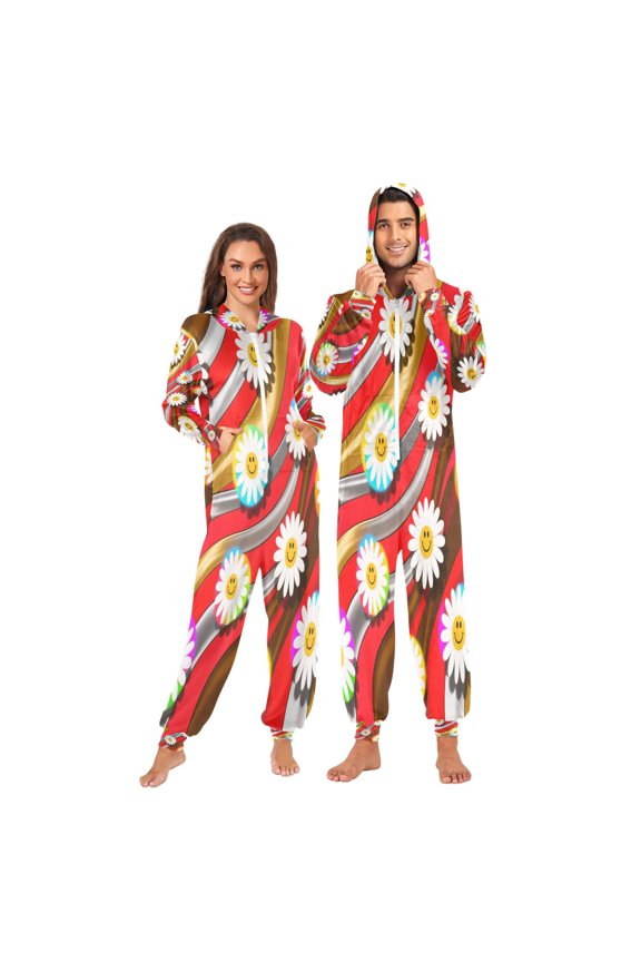1-Pack Onesie Adult Hooded Pajamas, Soft Fleece Full Zip One Piece Pajamas for Couples, Christmas Holiday Loungewear, S-XL Daisies on Coffee Collision Background