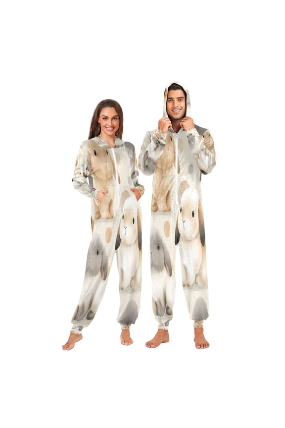 1-Pack Onesie Adult Hooded Pajamas, Soft Fleece Full Zip One Piece Pajamas for Couples, Christmas Holiday Loungewear, S-XL Creamy Lop Bunnies