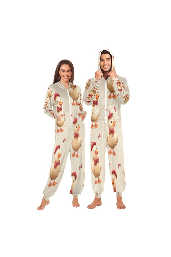 1-Pack Onesie Adult Hooded Pajamas, Soft Fleece Full Zip One Piece Pajamas for Couples, Christmas Holiday Loungewear, S-XL Dapper Duck Pattern