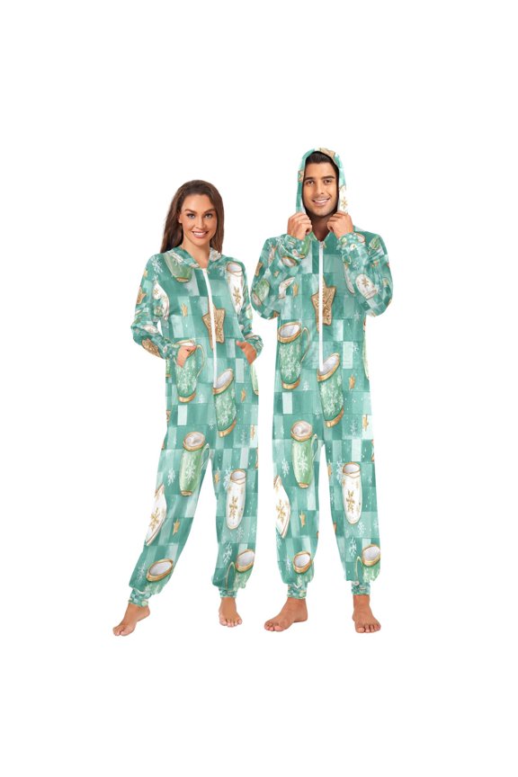 1-Pack Onesie Adult Hooded Pajamas, Soft Fleece Full Zip One Piece Pajamas for Couples, Christmas Holiday Loungewear, S-XL Green Coffee Mugs