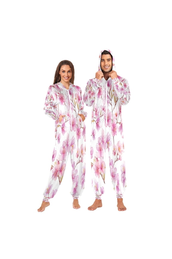 1-Pack Onesie Adult Hooded Pajamas, Soft Fleece Full Zip One Piece Pajamas for Couples, Christmas Holiday Loungewear, S-XL Spring Cherry Blossom Glow