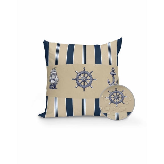 1 Pack Outdoor Pillows Waterproof, Coastal Nautical Indoor/Outdoor Throw Pillows with Inserts, Brown Navy Stripes Ocean Rudder Anchor Decorative Pillow for Patio Furniture Chairs Couch