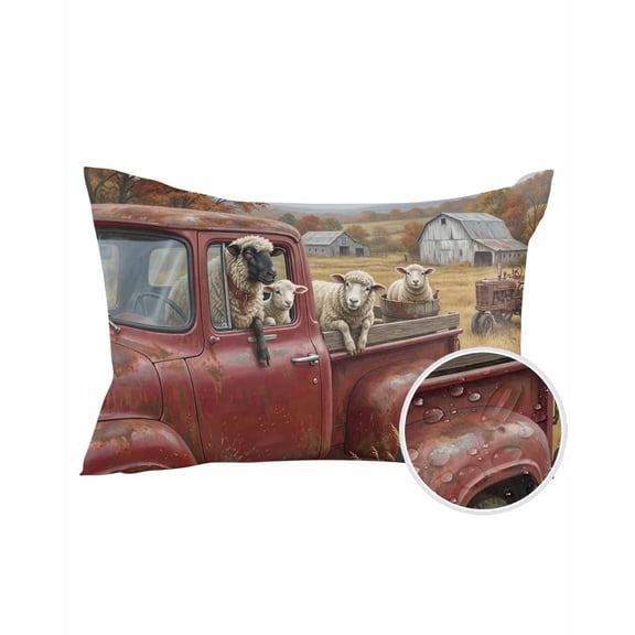 1 Pack Outdoor Pillows Waterproof, Farm Sheep Indoor/Outdoor Throw Pillows with Inserts, Red Truck Animals Trees House Rustic Scenery Decorative Pillow for Patio Furniture Chairs Couch