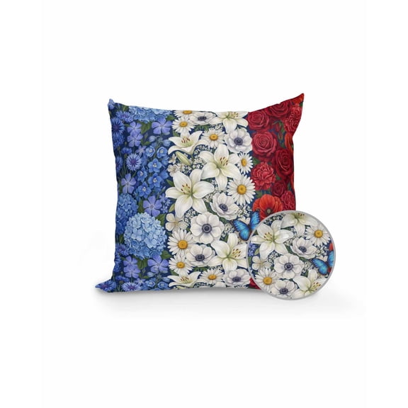 1 Pack Outdoor Pillows Waterproof, French Flag Spring Floral Indoor/Outdoor Throw Pillows with Inserts, Blue White Red Flowers Stripes Decorative Pillow for Patio Furniture Chairs Couch