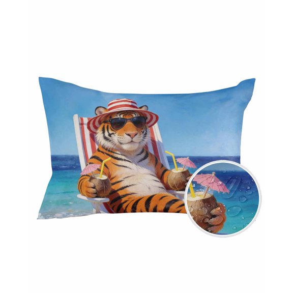 1 Pack Outdoor Pillows Waterproof, Funny Tiger Summer Beach Indoor/Outdoor Throw Pillows with Inserts, Blue Sand Vacations Decorative Pillow for Patio Furniture Chairs Couch