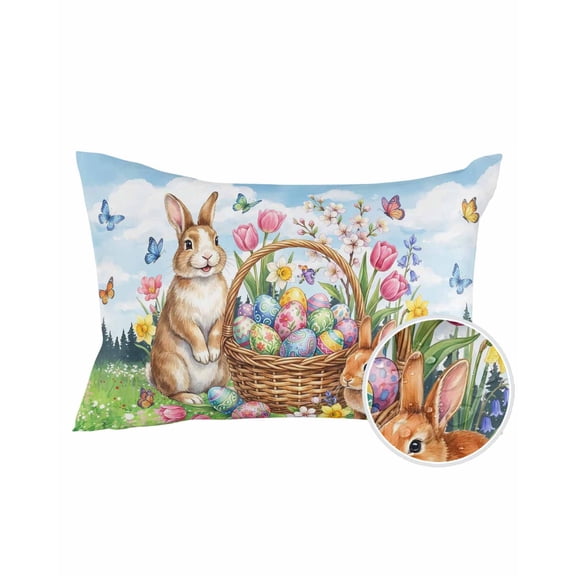 1 Pack Outdoor Pillows Waterproof, Happy Easter Indoor/Outdoor Throw Pillows with Inserts, Spring Cute Rabbits Eggs Floral Plants Watercolor Decorative Pillow for Patio Furniture Chairs Couch
