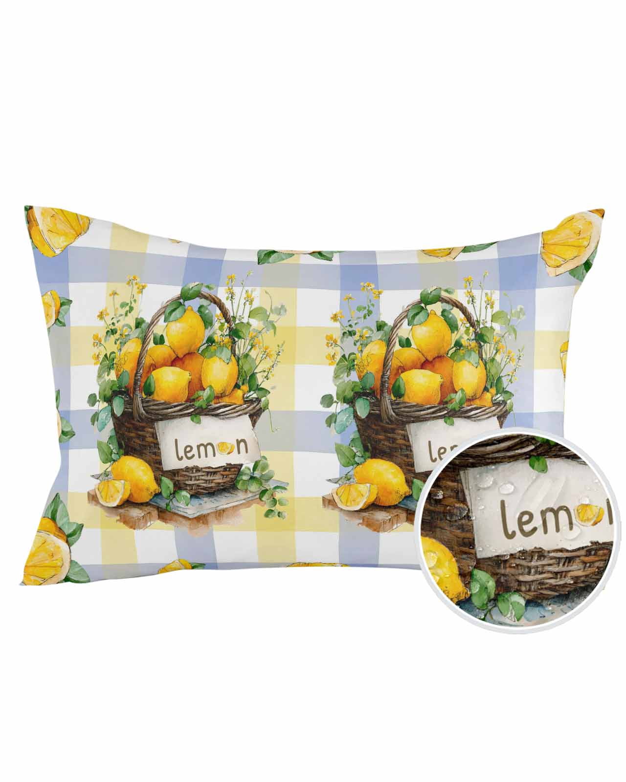 1 Pack Outdoor Pillows Waterproof, Lemon Basket Summer Indoor/Outdoor Throw Pillows with Inserts, Eucalyptus Blue Yellow Plaid Decorative Pillow for Patio Furniture Chairs Couch