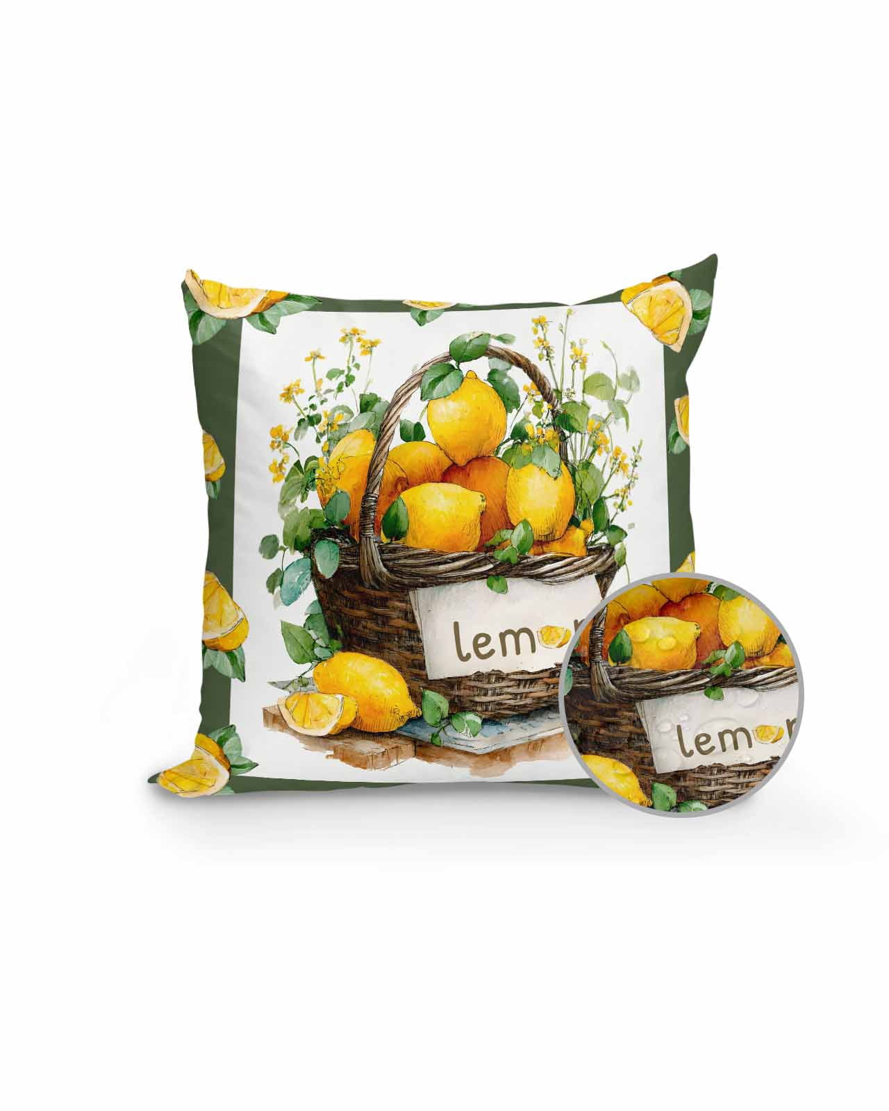 1 Pack Outdoor Pillows Waterproof, Lemon Basket Summer Indoor/Outdoor Throw Pillows with Inserts, Farmhouse Green Lace Eucalyptus Decorative Pillow for Patio Furniture Chairs Couch