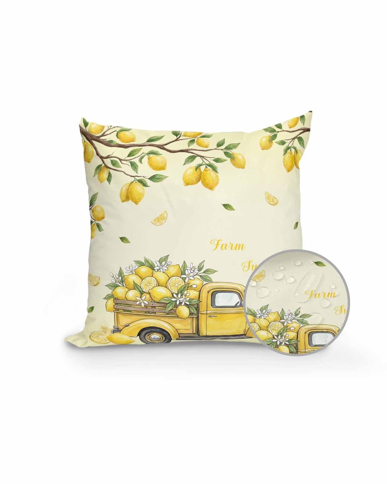 1 Pack Outdoor Pillows Waterproof, Lemon Truck Indoor/Outdoor Throw Pillows with Inserts, Summer Tropical Lemon Fruits Yellow Decorative Pillow for Patio Furniture Chairs Couch