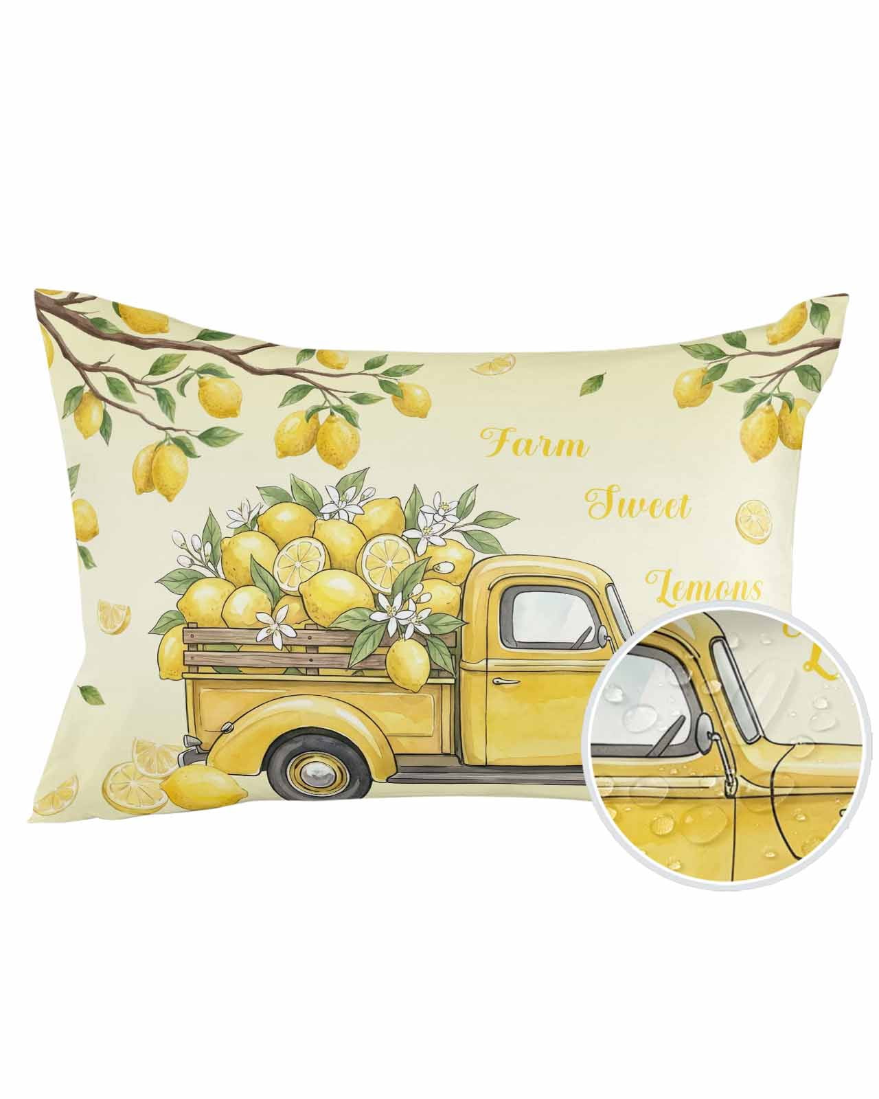 1 Pack Outdoor Pillows Waterproof, Lemon Truck Indoor/Outdoor Throw Pillows with Inserts, Summer Tropical Lemon Fruits Yellow Decorative Pillow for Patio Furniture Chairs Couch