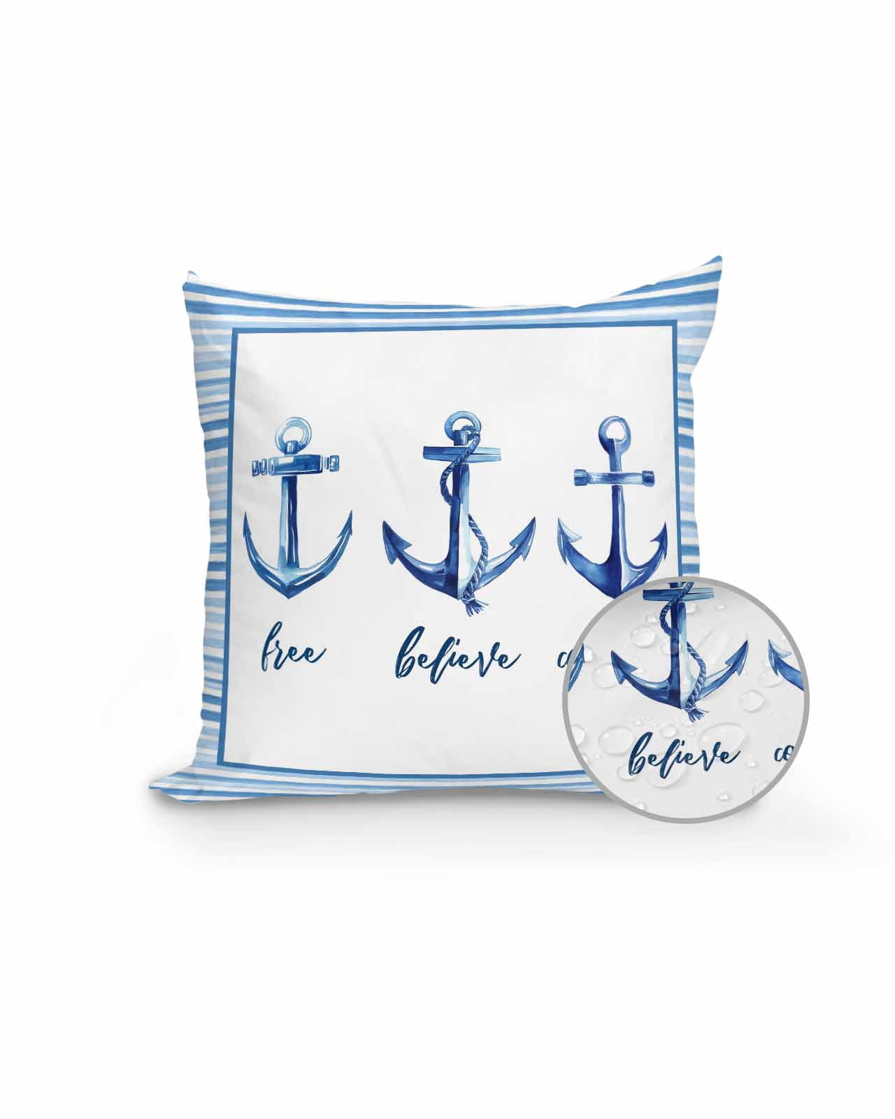 1 Pack Outdoor Pillows Waterproof, Nautical Anchor Indoor/Outdoor Throw Pillows with Inserts, Summer Coastal Ocean Anchor Blue Stripes Decorative Pillow for Patio Furniture Chairs Couch