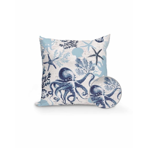 1 Pack Outdoor Pillows Waterproof, Navy Blue Octopus Nautical Indoor/Outdoor Throw Pillows with Inserts, Coastal Summer Coral Shell Ocean Decorative Pillow for Patio Furniture Chairs Couch