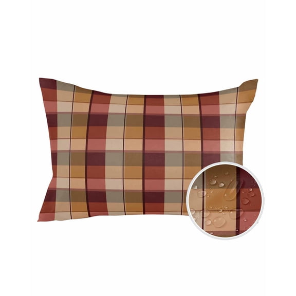 1 Pack Outdoor Pillows Waterproof, Red Brown Plaid Indoor/Outdoor Throw Pillows with Inserts, Modern Abstract Ombre Gingham Checkered Decorative Pillow for Patio Furniture Chairs Couch