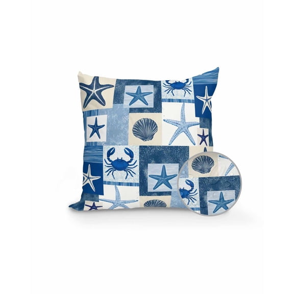 1 Pack Outdoor Pillows Waterproof, Starfish Coastal Indoor/Outdoor Throw Pillows with Inserts, Blue Shell Crab Nautical Summer Beach Ocean Decorative Pillow for Patio Furniture Chairs Couch