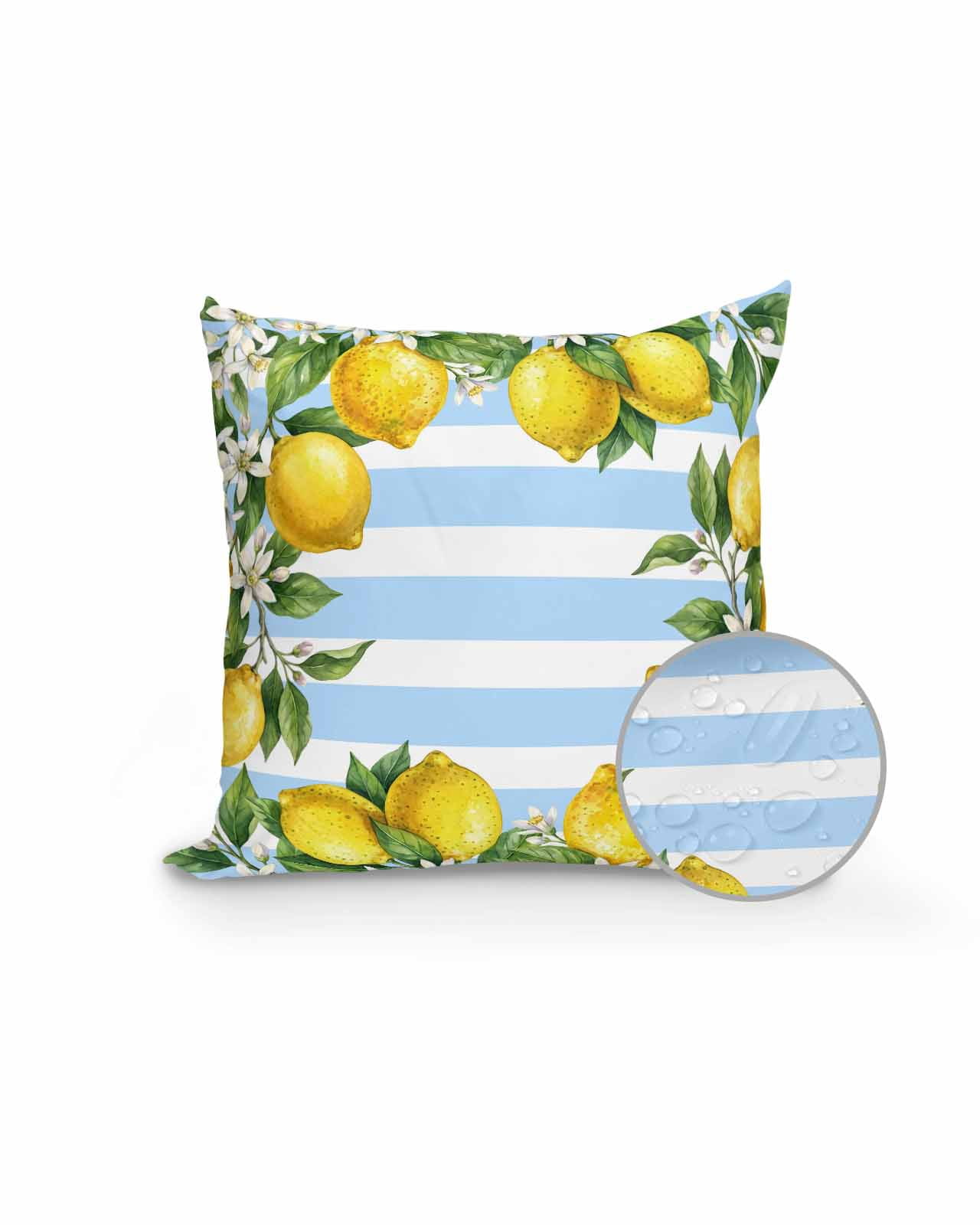 1 Pack Outdoor Pillows Waterproof, Summer Lemons Indoor/Outdoor Throw Pillows with Inserts, Fruits White Flowers Farm Blue White Stripes Decorative Pillow for Patio Furniture Chairs Couch