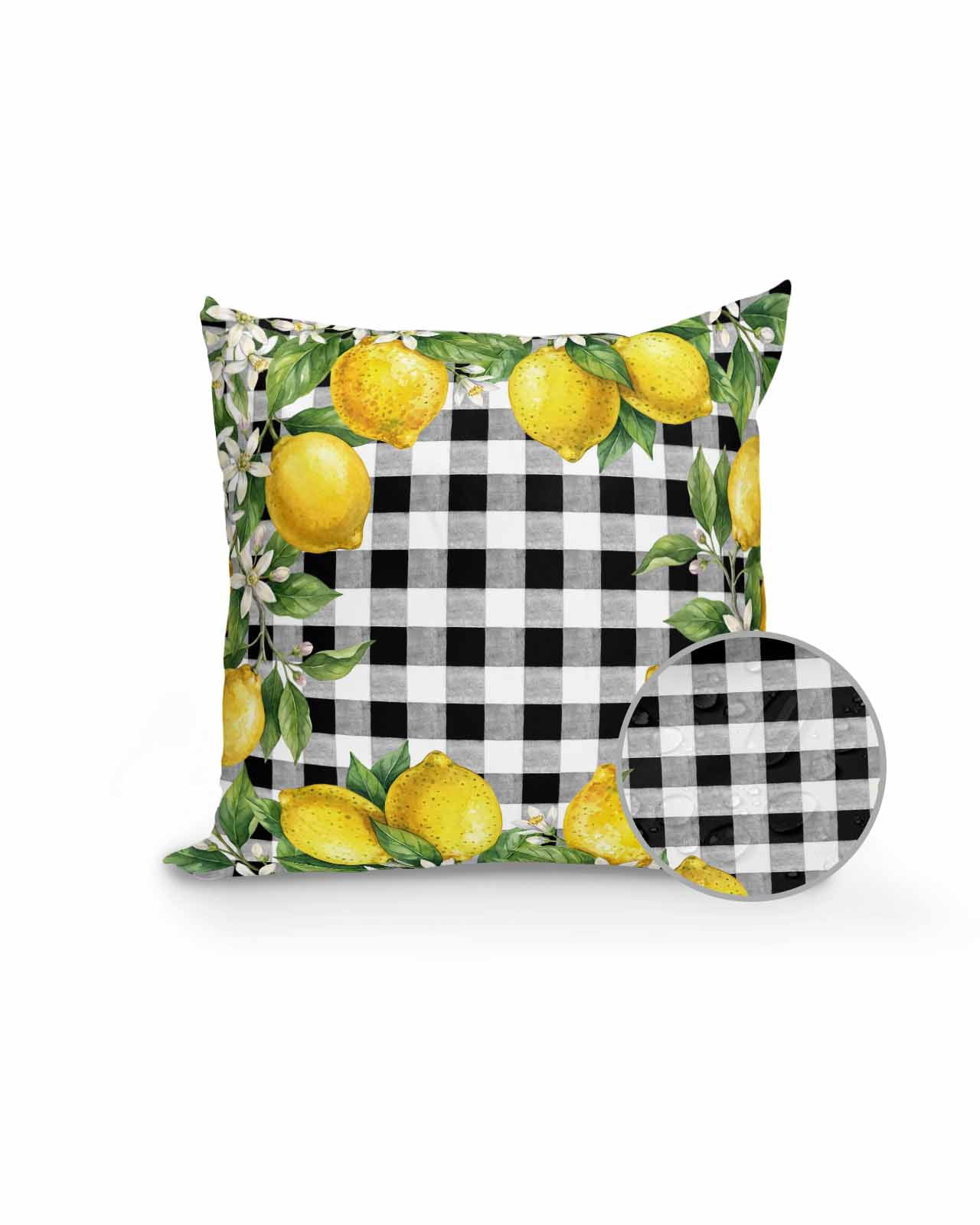 1 Pack Outdoor Pillows Waterproof, Summer Lemons Indoor/Outdoor Throw Pillows with Inserts, Fruits White Flowers Farmhouse Plaid Decorative Pillow for Patio Furniture Chairs Couch