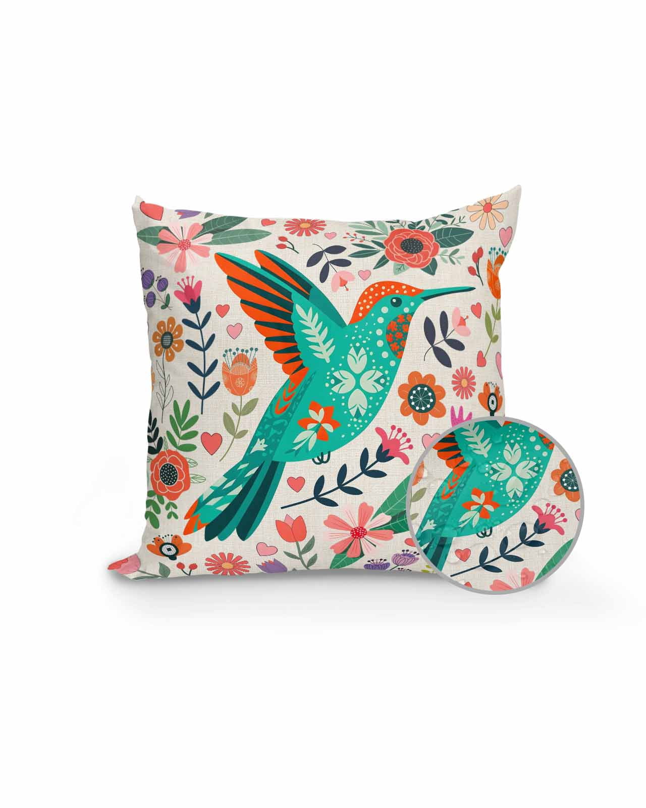 1 Pack Outdoor Pillows Waterproof, Turquoise Birds Indoor/Outdoor Throw Pillows with Inserts, Country Cartoon Colorful Flowers Herbs Decorative Pillow for Patio Furniture Chairs Couch