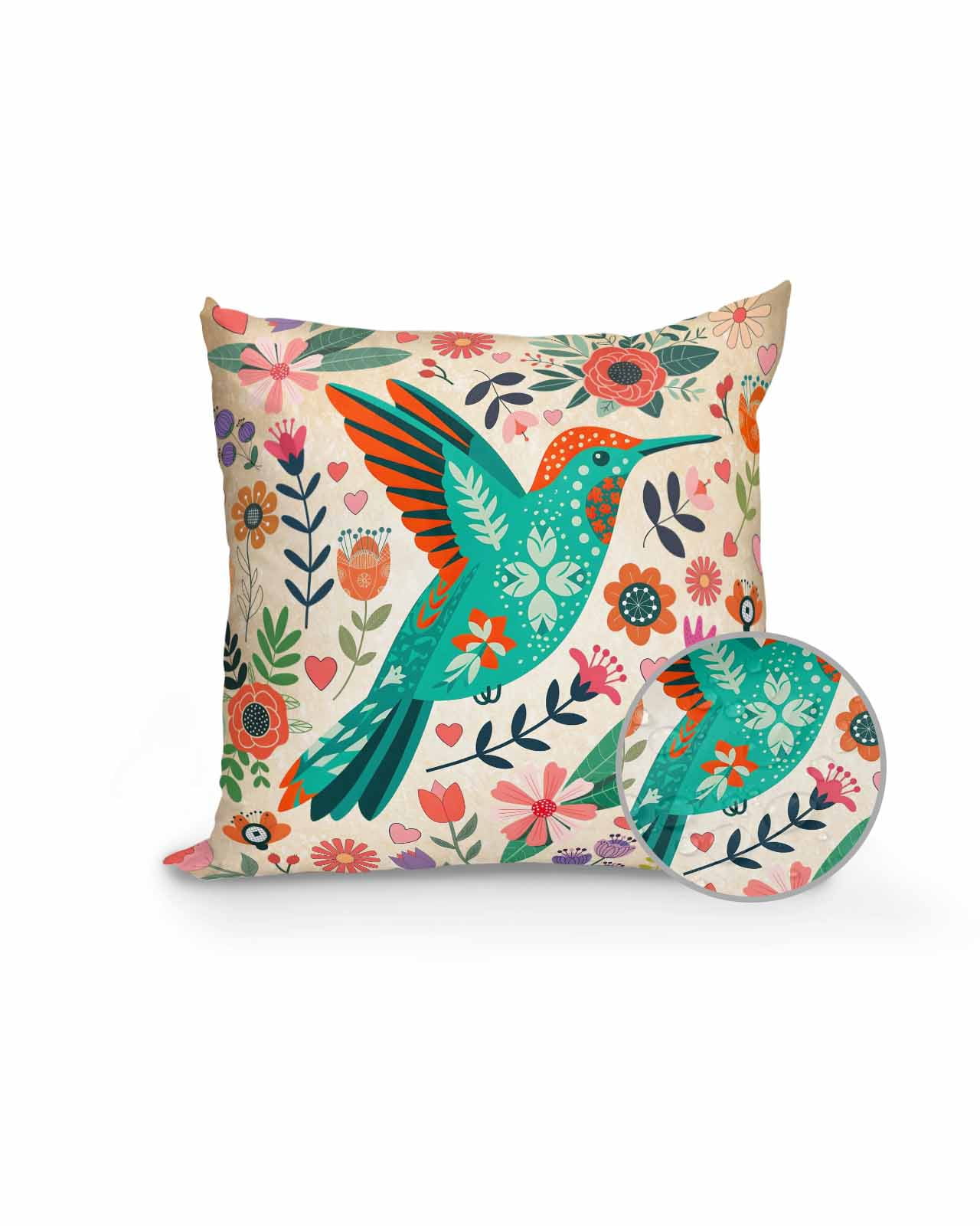 1 Pack Outdoor Pillows Waterproof, Turquoise Birds Indoor/Outdoor Throw Pillows with Inserts, Retro Farmhouse Colorful Flowers Herbs Decorative Pillow for Patio Furniture Chairs Couch